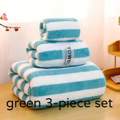 3Pcs Coral Velvet Thickened Towel and Bath Towel Set Striped Soft and Absorbent Suitable for Home Gym Face Washing Towels