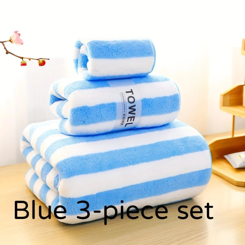 3Pcs Coral Velvet Thickened Towel and Bath Towel Set Striped Soft and Absorbent Suitable for Home Gym Face Washing Towels