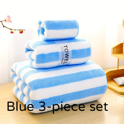 3Pcs Coral Velvet Thickened Towel and Bath Towel Set Striped Soft and Absorbent Suitable for Home Gym Face Washing Towels