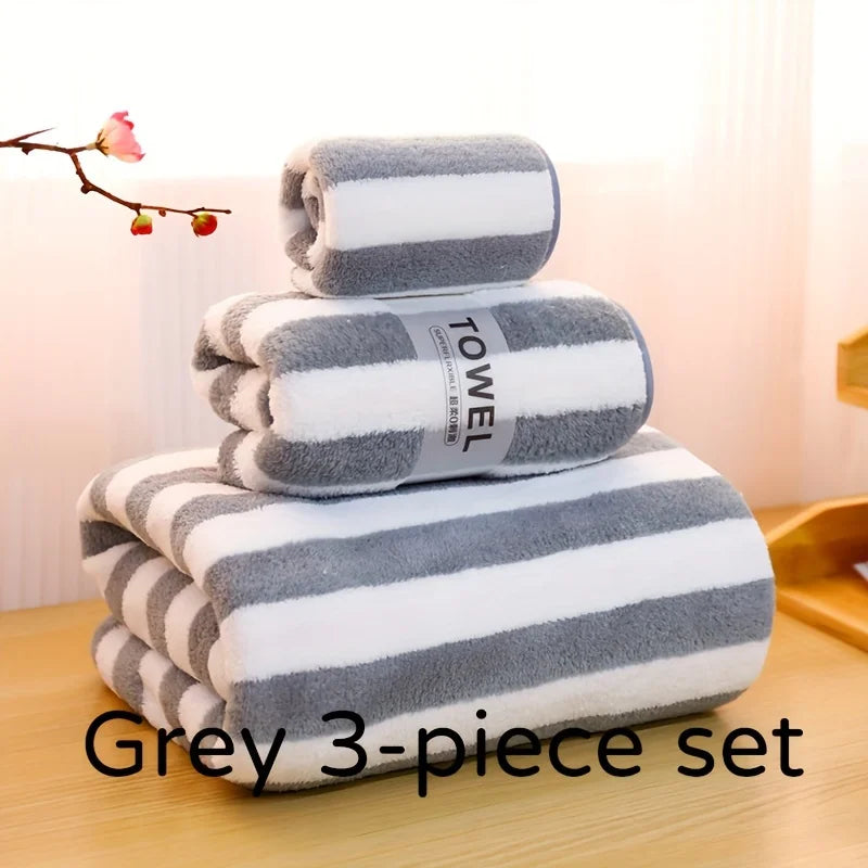 3Pcs Coral Velvet Thickened Towel and Bath Towel Set Striped Soft and Absorbent Suitable for Home Gym Face Washing Towels