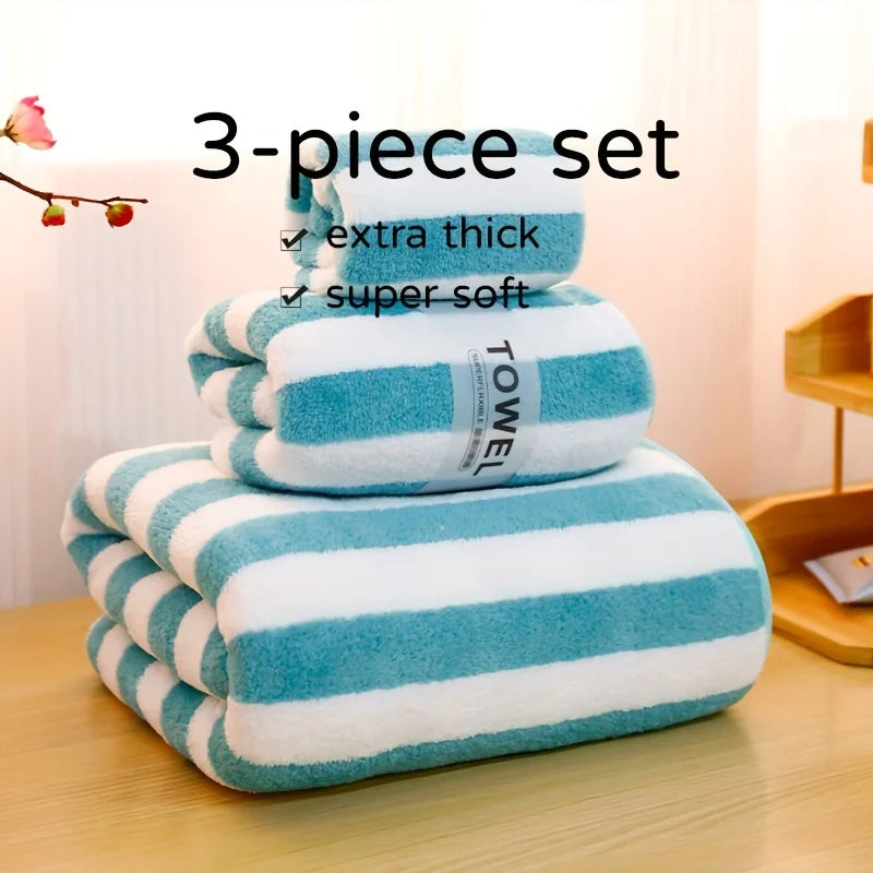 3Pcs Coral Velvet Thickened Towel and Bath Towel Set Striped Soft and Absorbent Suitable for Home Gym Face Washing Towels