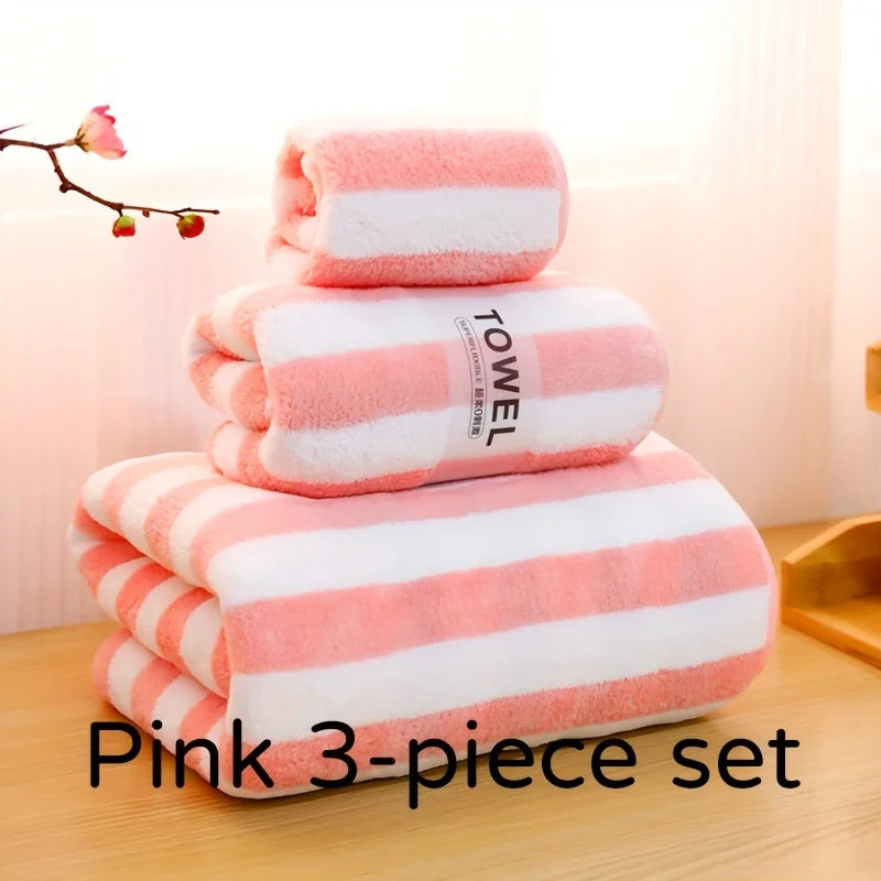 3Pcs Coral Velvet Thickened Towel and Bath Towel Set Striped Soft and Absorbent Suitable for Home Gym Face Washing Towels