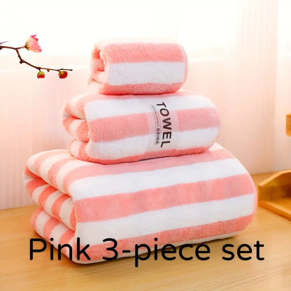 3Pcs Coral Velvet Thickened Towel and Bath Towel Set Striped Soft and Absorbent Suitable for Home Gym Face Washing Towels