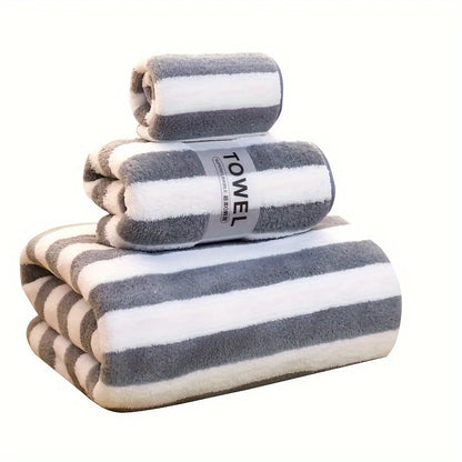 3Pcs Coral Velvet Thickened Towel and Bath Towel Set Striped Soft and Absorbent Suitable for Home Gym Face Washing Towels