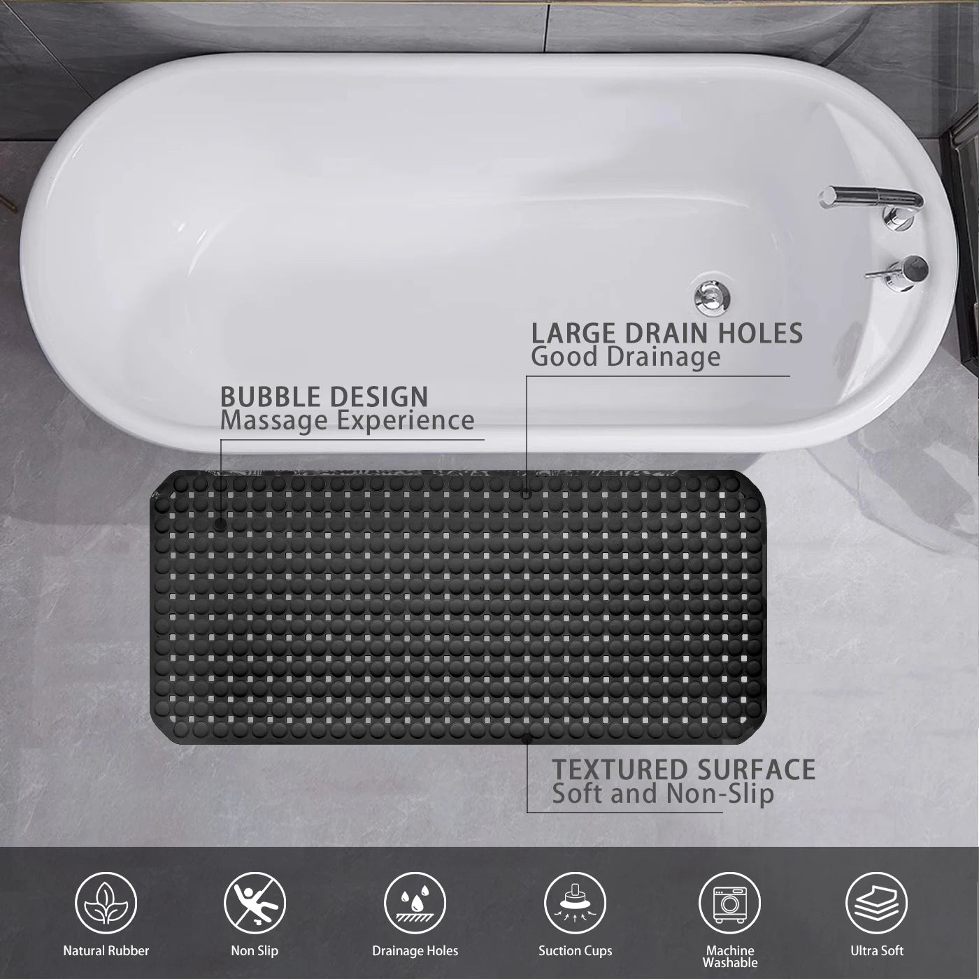 Non-Slip Bath Mat with Drain Holes - Quick Dry TPE Shower Floor Mat, Stays Flat No Curling