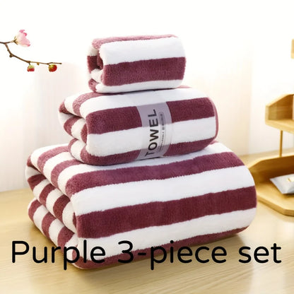 3Pcs Coral Velvet Thickened Towel and Bath Towel Set Striped Soft and Absorbent Suitable for Home Gym Face Washing Towels